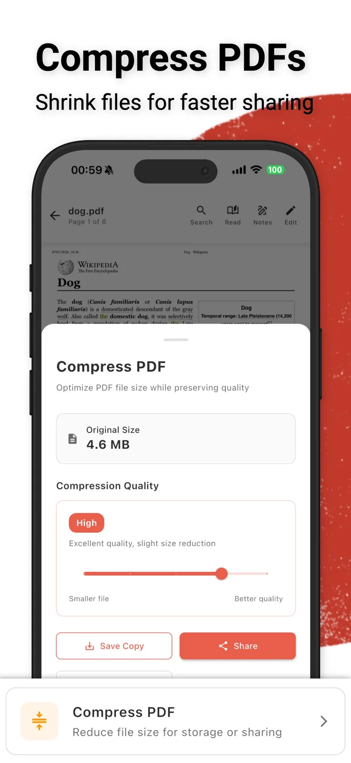 iPhone Compress PDF screen, dog.pdf 4.6MB with High-quality compression slider; caption: Compress PDFs. Shrink files for faster sharing