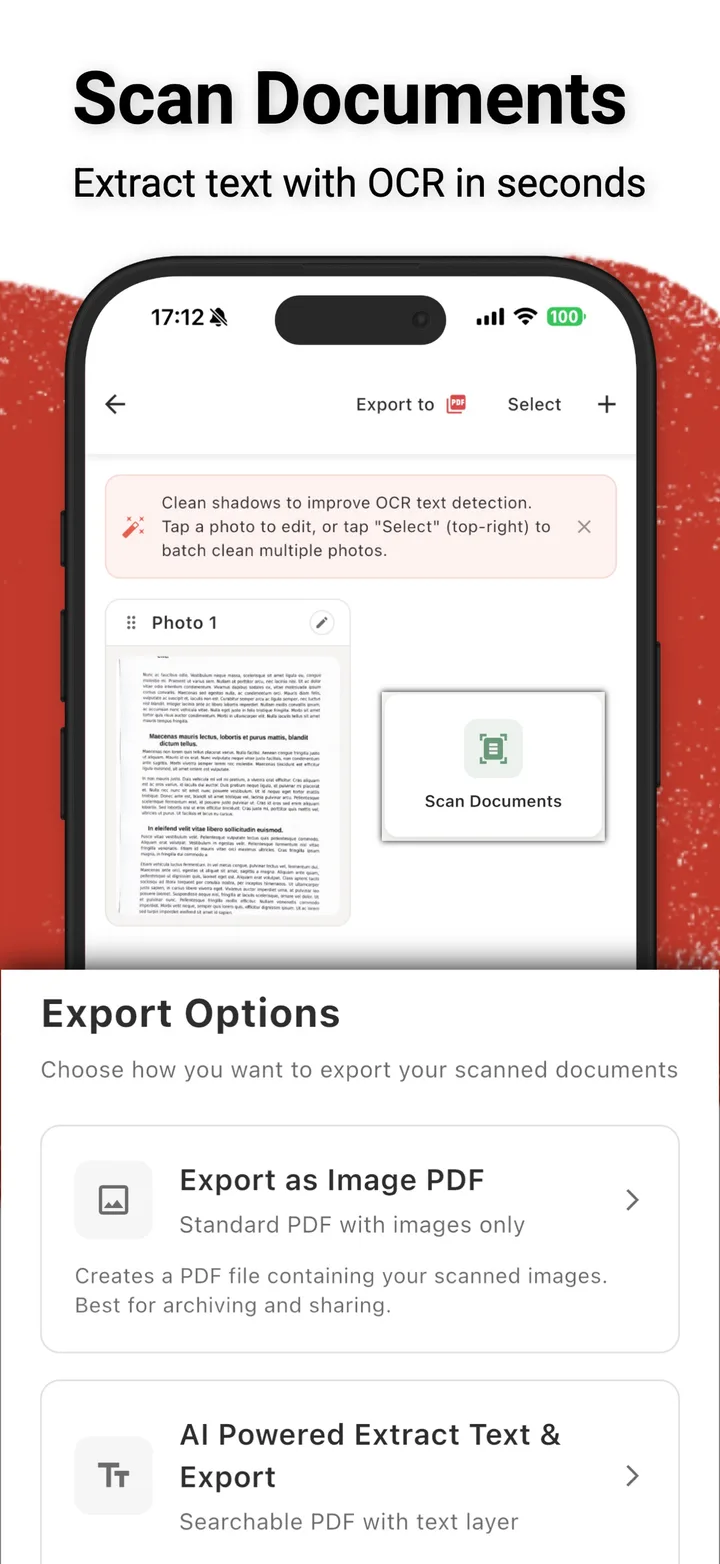 iPhone scan screen with OCR tip and Export Options (Image PDF vs AI text extract)