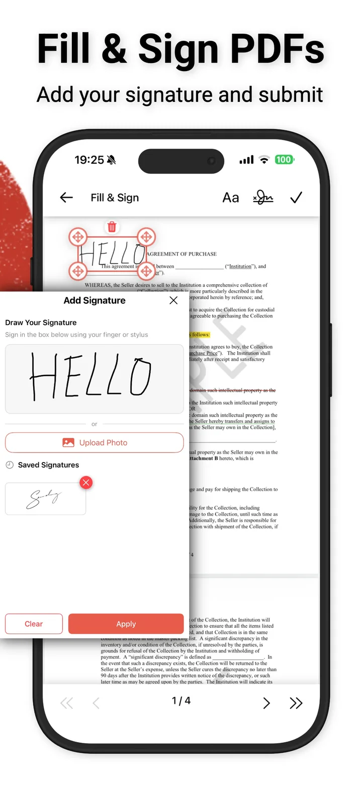 iPhone Fill & Sign screen with drawn 'HELLO' signature and Upload Photo/Saved Signatures